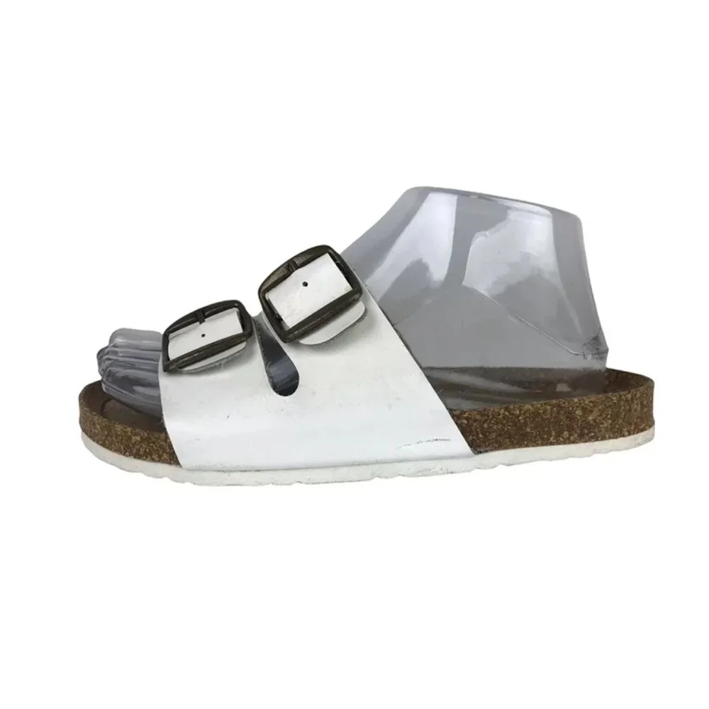 Euro Trekkers Womens White Brown Adjustable Strap Slip On Slide Sandals Sz US 7‎